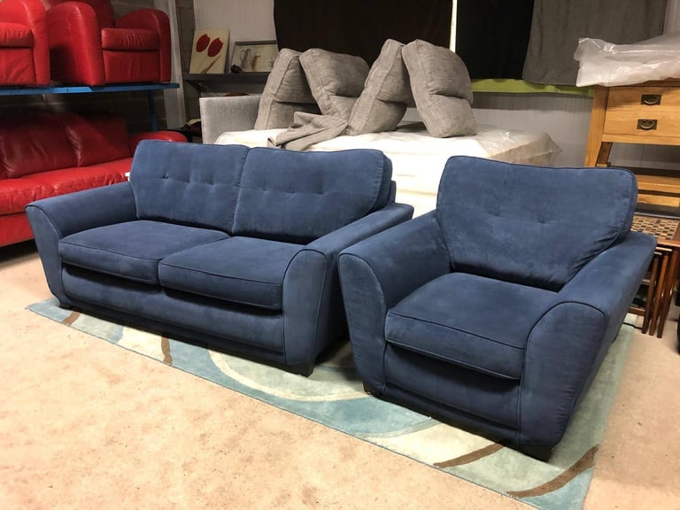 Blue Fabric 3 Seater Sofa and Chair excellent condition 