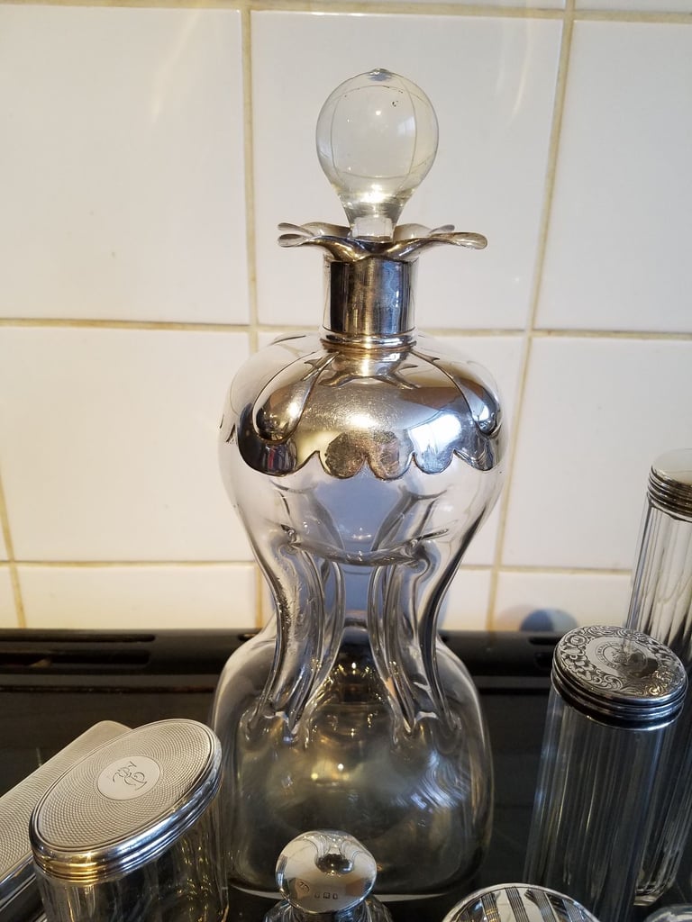 Antique Vanity Jars With Sterling Silver Lids.