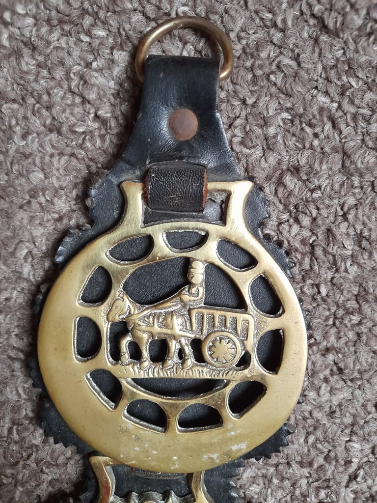 5 Vintage & Antique Brass Horse medallions on leather strap - bridle decoration