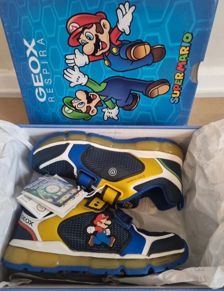 image for NEW Geox Super Mario Luigi Nintendo velcro trainers sport blue UK 12.5 flash light up gift 12 1/12