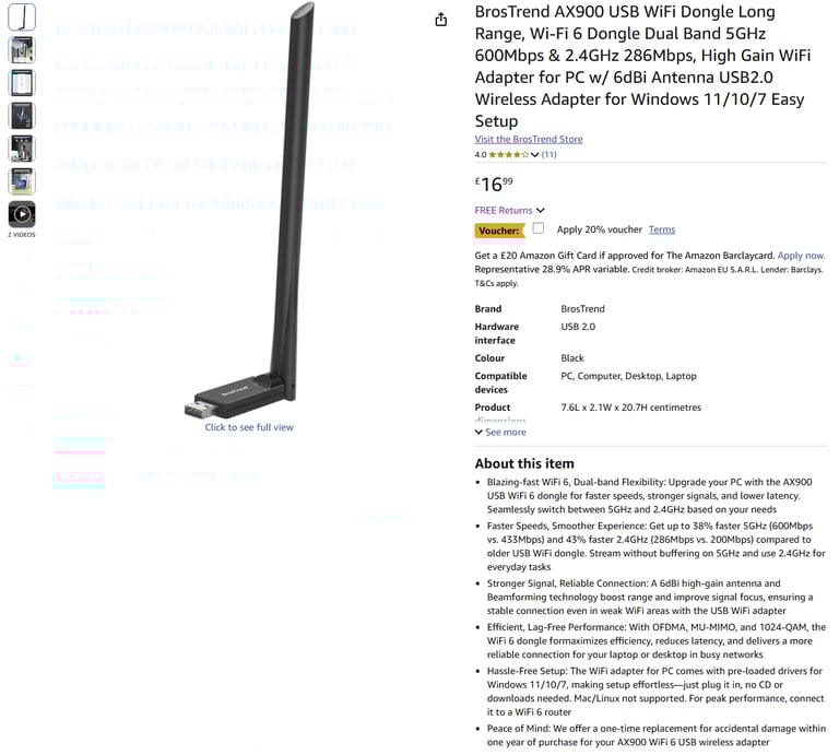 BrosTrend AX900 USB WiFi Dongle Long Range, Wi-Fi 6 || Brand new 50% off price 