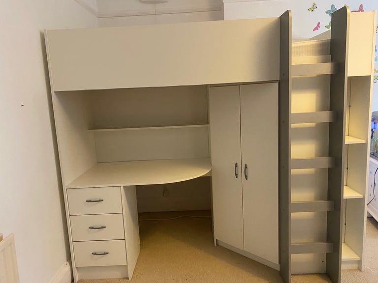 Calder high sleeper bed with desk, wardrobe and bookshelves 