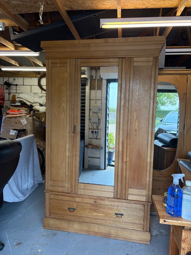 Antique Pine Double Wardrobe with mirror