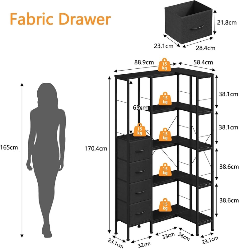 OYRREU 5-Tier Corner Bookshelf with 4 Fabric Storage Drawers