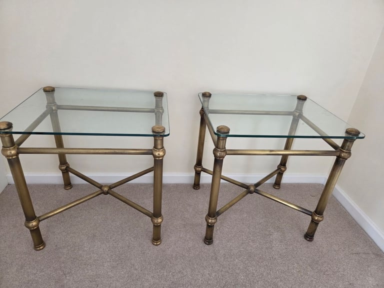 2 x side tables with glass top, brass legs