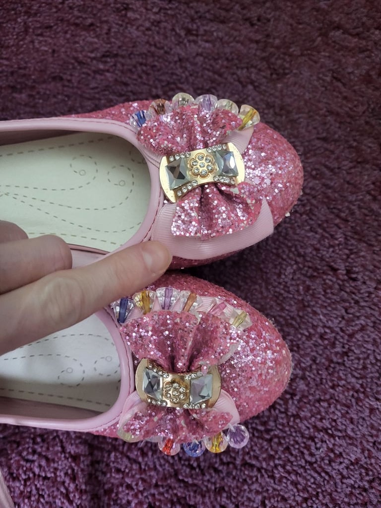 image for Girls pink glittery Shoes size 4 rainbow beaded bow