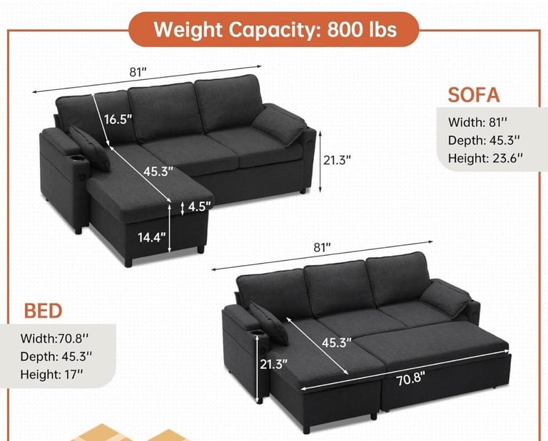 Luxury. All-in-One Sofa Bed with USB, Cupholders, Ottoman & Storage Armrests.