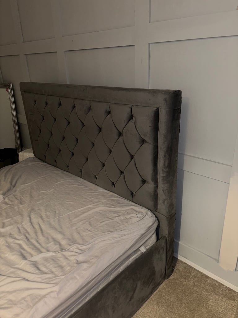 Grey king size bedframe with ottoman storage 