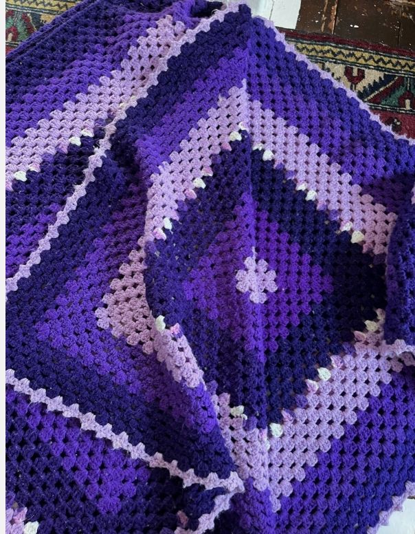 Vintage Large Hand Knitted Crochet Blanket Bedspread Throw Purple 78" x 84"