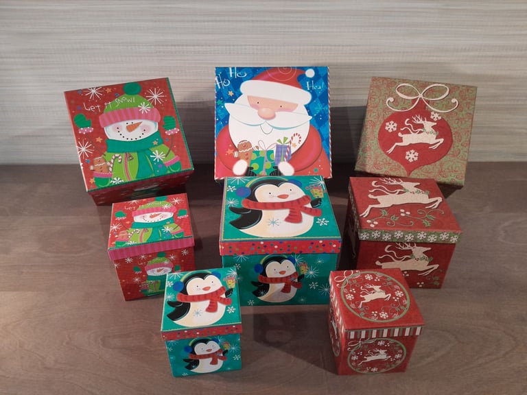 Eight Christmas Gift Boxes Rigid NEW Lift off Lids Varying Sizes