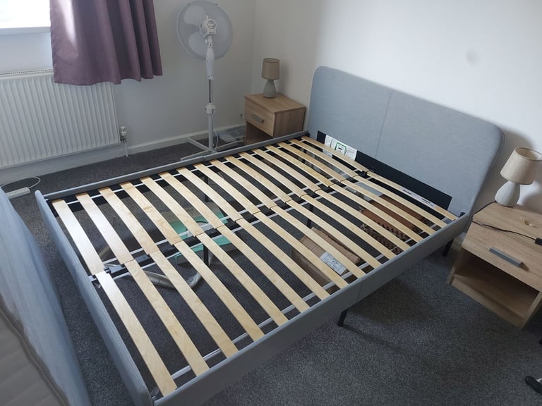 IKEA SLATTUM Upholstered bed frame, light blue, Standard Double