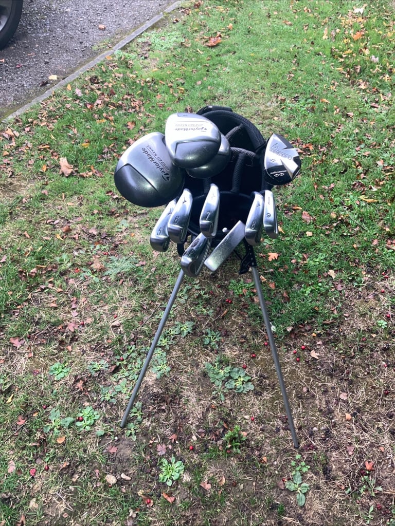 Men’s Golf Clubs Taylormade Steel Woods Mizuno Irons Trilogy Putter Stand Bag 