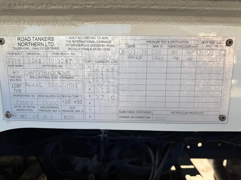 2019 DAF CF 340 20,000 LITRE FUEL TANKER 