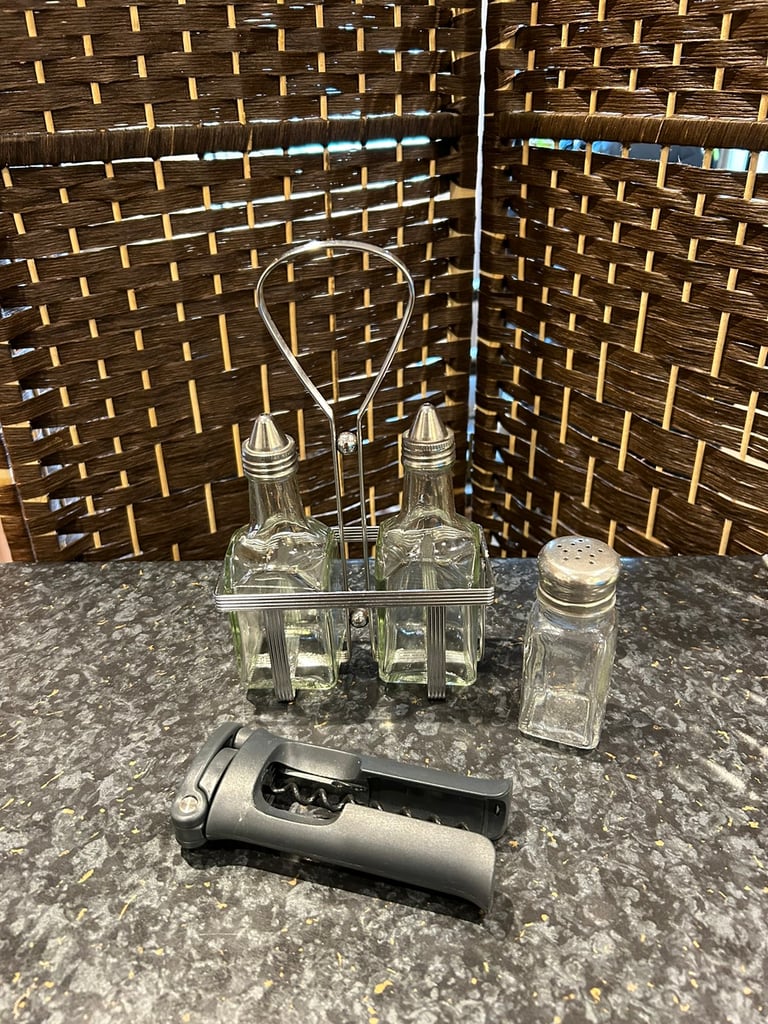 image for Glass Oil and Vinegar Cruet in Metal Carrier Holder Caddy