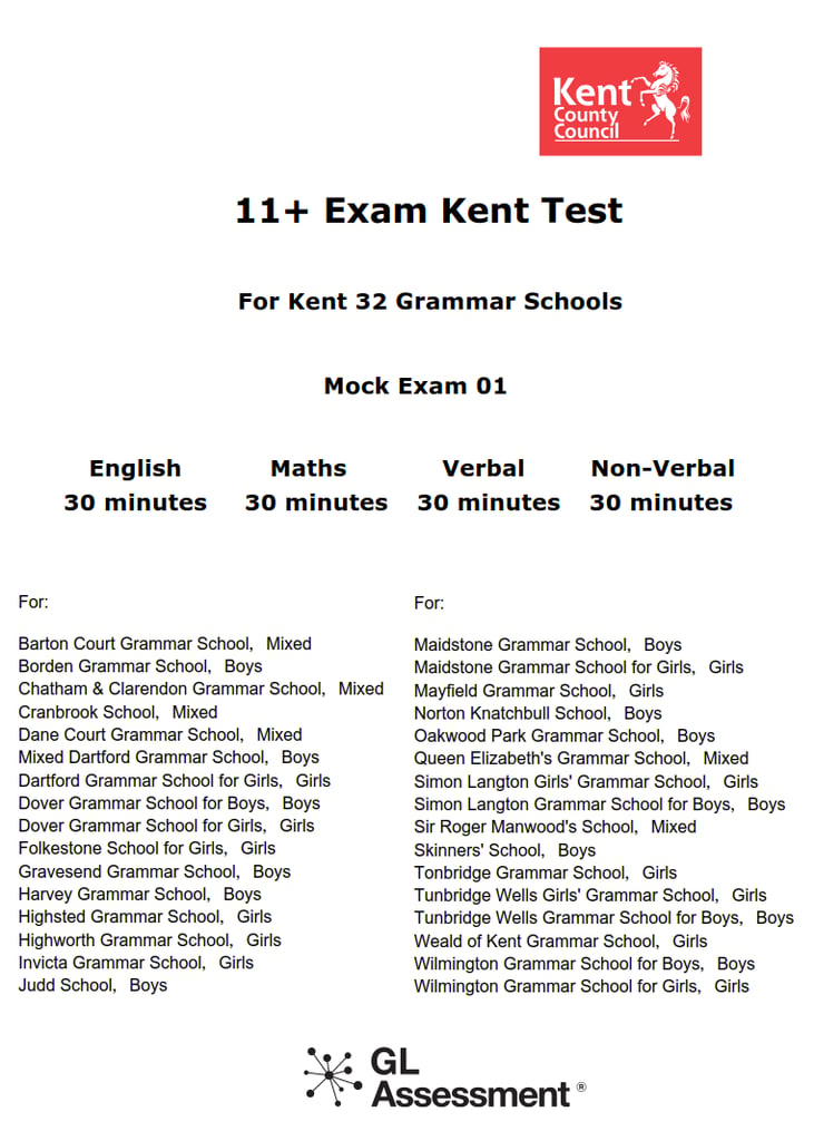 Kent Grammar Schools 11+ Exam Kent Test Mock Exam Paper 01 - 20 With Answers