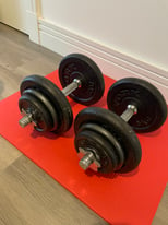 image for 33kg cast iron dumbbell set and gym mat. weight fitness