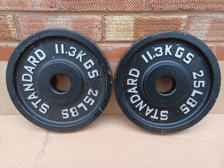 2 x 11.3KG / 25LBS CAST IRON OLYMPIC WEIGHT PLATES - 2 Inch Holes