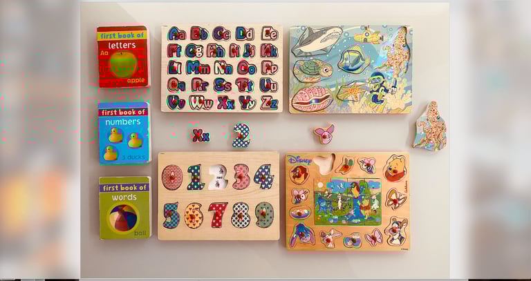 4 Wooden Kids Toddlers puzzles, first book of letters, shapes, numbers, words