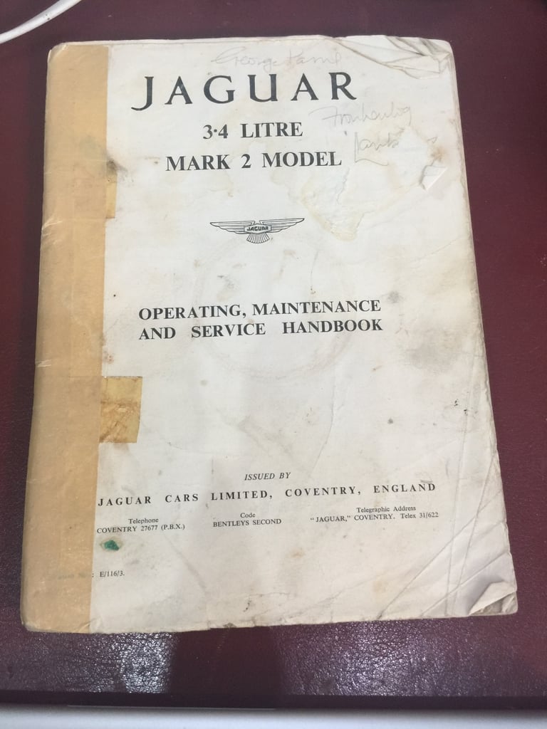 Jaguar 3.4 Litre Mark 2 Model Operating Maintenance & Service Handbook & Chart