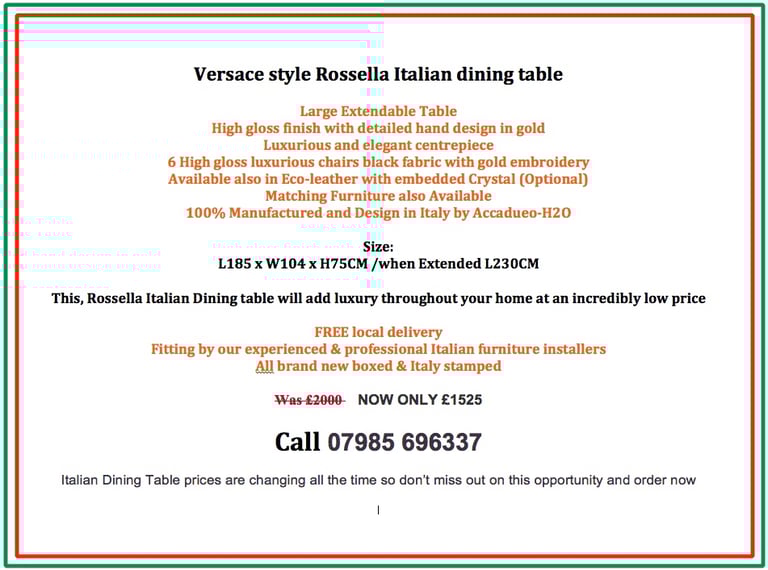 VERSACE STYLE ROSSELLA ITALIAN DINING TABLE WITH CHAIRS EAST LONDON