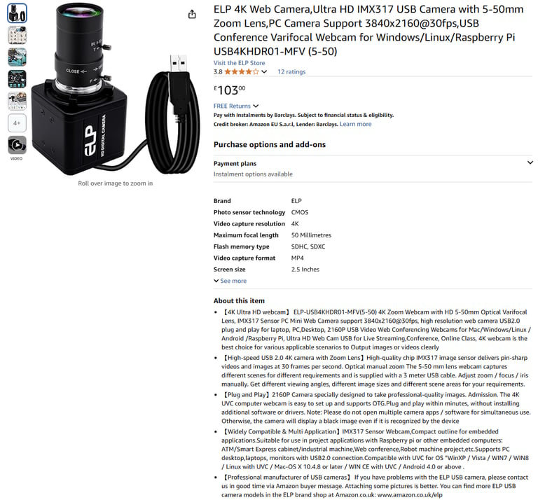 image for Ultra HD IMX317 USB Camera with 5-50mm Zoom Lens|| Brand new 50% off price 