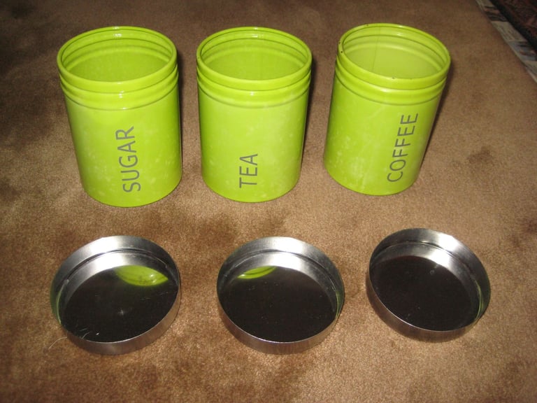 Set of Green Airtight Coffee, Tea and Sugar Enamel Storage Tins for £3.00