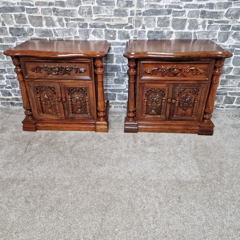 Pair of Hand-Carved Wooden Bedside Cabinets