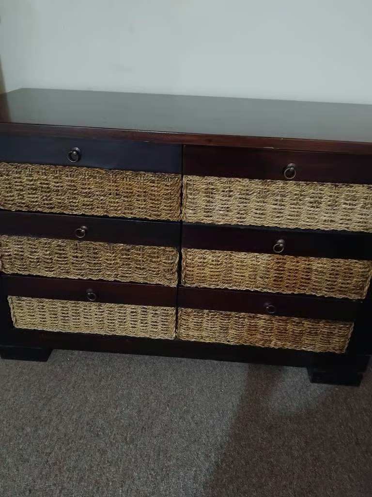 Excellent Quality and Great Condition Heavy Dark Wood and Wicker Chest of Drawers With 6 Drawers
