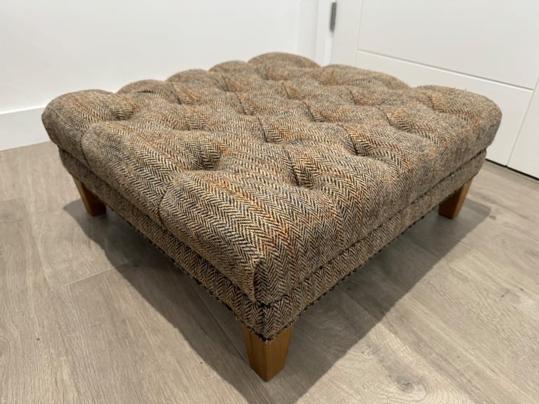 Harris Tweed Fabric Herringbone Buttoned Chesterfield Chair Low Footstool
