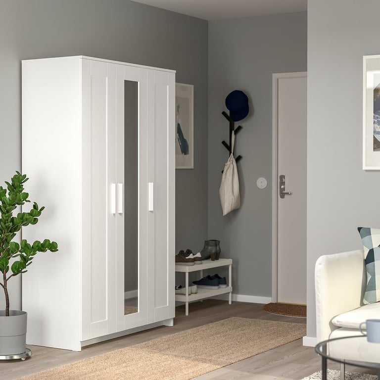 IKEA BRIMNES Wardrobe with 3 doors, mirror, white, 117x190 cm