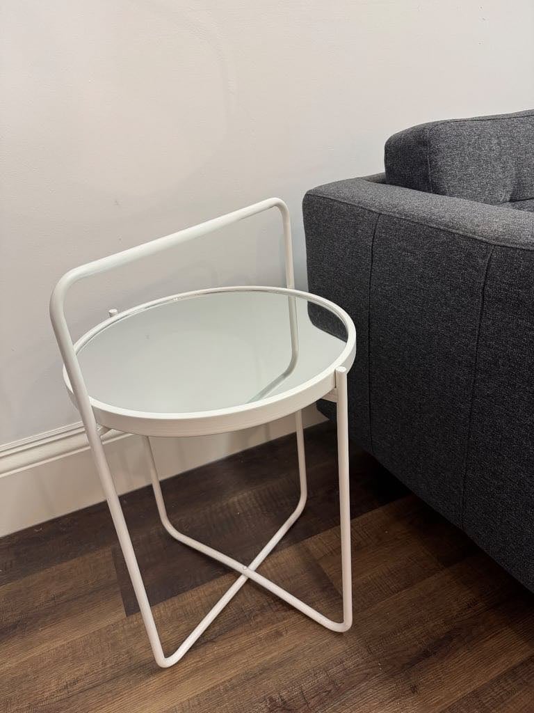 White Metal Side Table with Glass Top