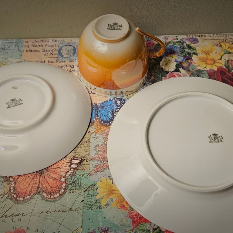 Vintage "Victoria China" Lustre Orange Tea Cups, Saucers & Cake Plates - Set of 5