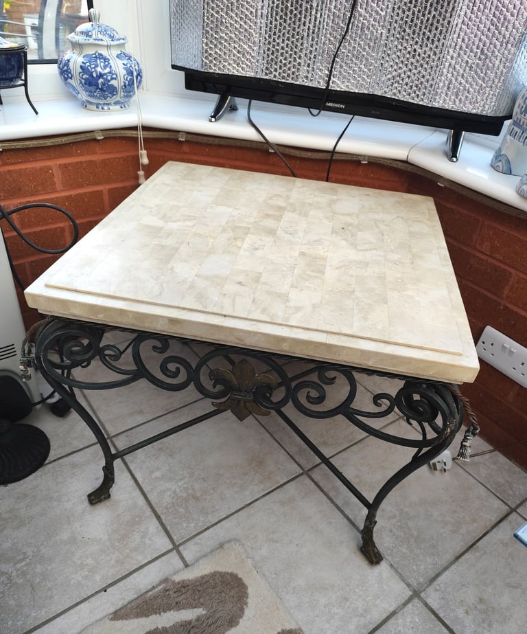 VINTAGE FRENCH MARBLE WROUGHT IRON SIDE TABLE C 1920S HEAVY SOLID