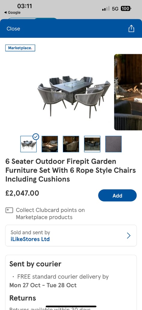 Garden furniture table and 6 rope chairs cushions 