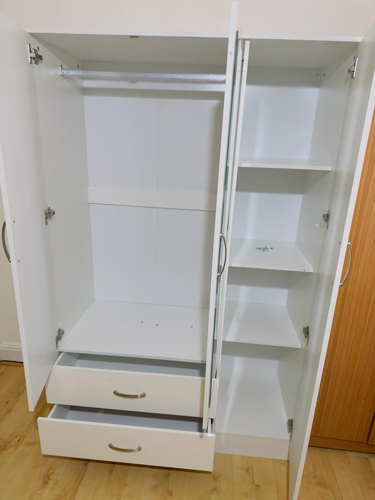 image for Three Door white fully Assembled wardrobe with mirror & shelves sale, Brand new
