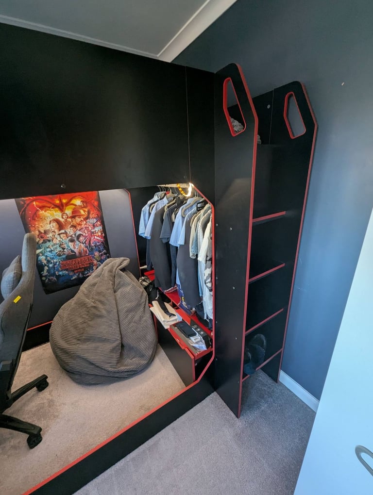 Gaming high sleeper black & red small double bed, mattress not included