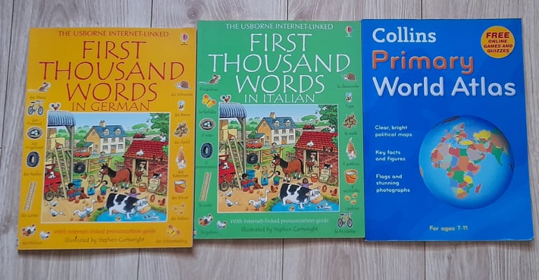3 X PAPERBACK BOOKS - COLLINS PRIMARY WORLD ATLAS, FIRST THOUSAND WORDS IN GERMAN & ITALIAN