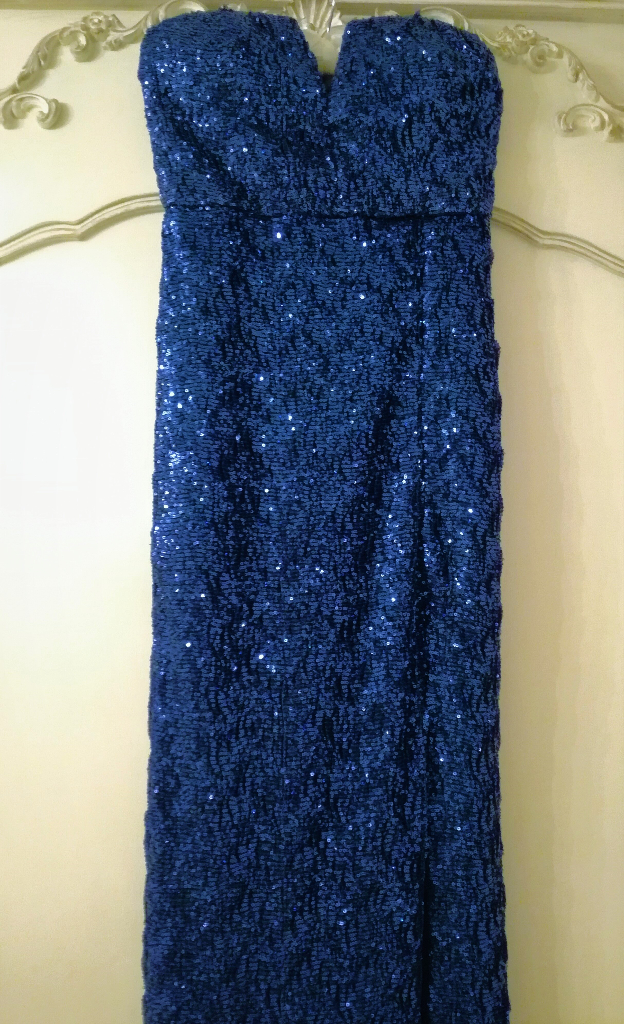 AMY CHILDS BLUE SEQUIN DRESS Designer Maxi Long Hour Glass Fit Strapless Boned Side Split Style