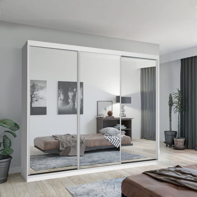 Brand New 2 or 3 Doors Sliding Wardrobe with Mirrors & Drawers in Black Grey White Oak