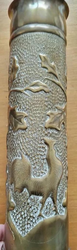 image for WW1 Trench Art French Artillery Shell Case - Trees and Cockrel Design - 14 inch High