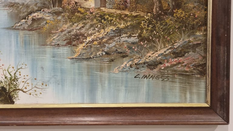 Signed Oil Painting "C. Inness" – Thatched Cottage by Lake, Framed 100 × 69 cm