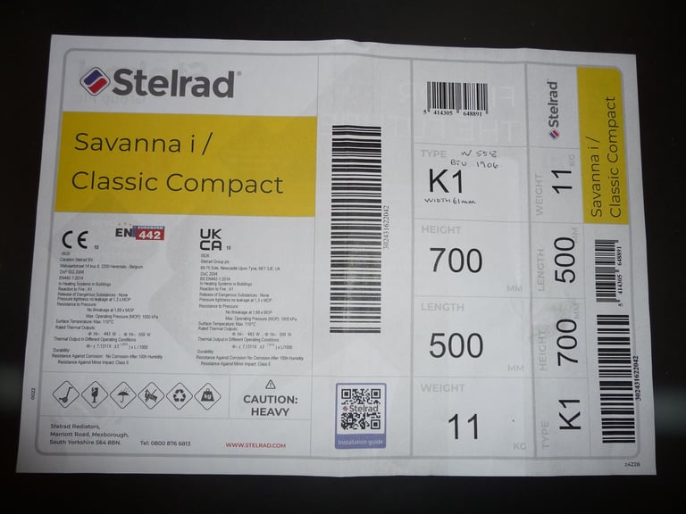 STELRAD SAVANNA i/ CLASSIC COMPACT K1 RADIATOR 700H x 500W (MINT CONDITION)
