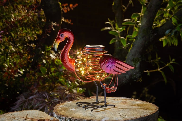 image for STUNNING METAL FLAMINGO SPIRALIGHT SOLAR LED GARDEN LIGHT DECKING FLOWER BED