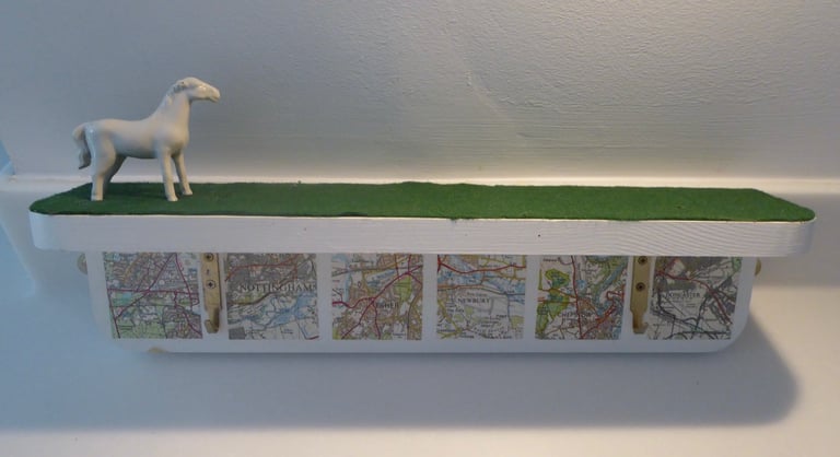 Wall hung shelf with two hooks for coats/umbrellas/dog leads etc