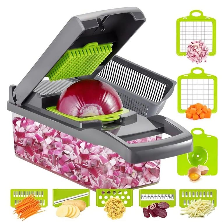 image for 15-in-1 Vegetable Chopper with 7 Blades, Safety Holder, Storage Container, Ideal for Fast Meal Prep