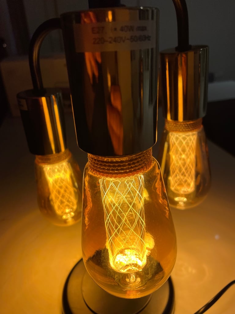 image for Black Metal Table Lamp Desk Industrial Exposed Hanging Edison Triple Light Bulb