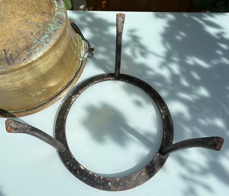 LARGE ANTIQUE FRENCH COPPER CAULDRON & STAND, LOG BUCKET, PLANTER, L58cm - 1900s - WILL POST!