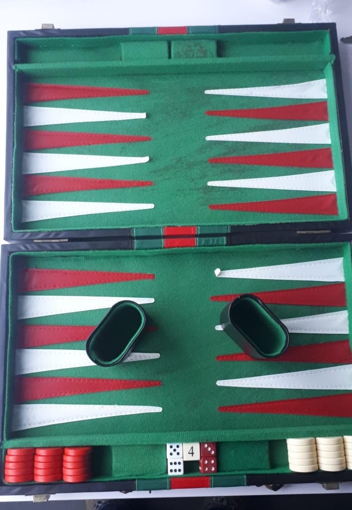 image for Vintage Backgammon Board Game Faux Leather Case Black Red Green Complete