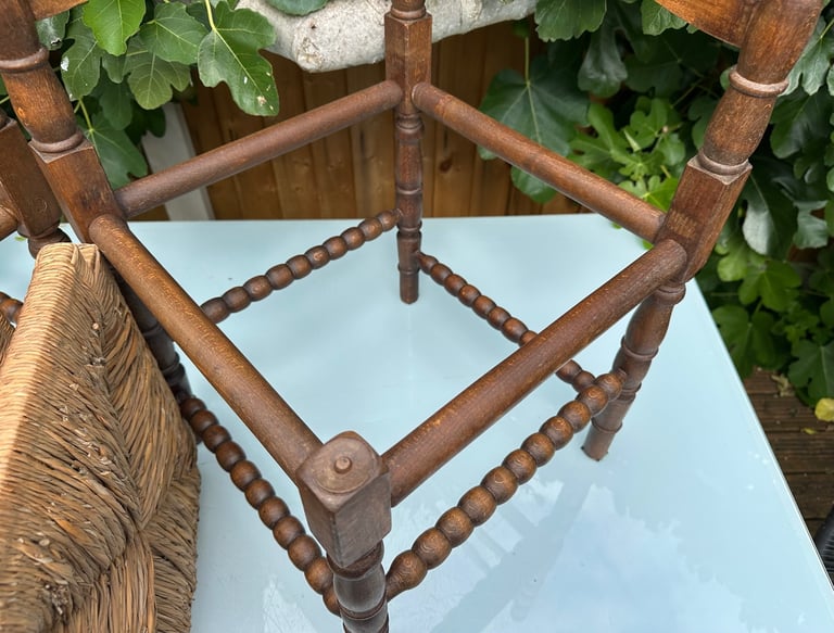 VINTAGE FRENCH BOBBIN LEG CHAIRS, CORNER CHAIRS, RUSH SEAT, H74cm - 1900s ARTS & CRAFTS - WILL POST!