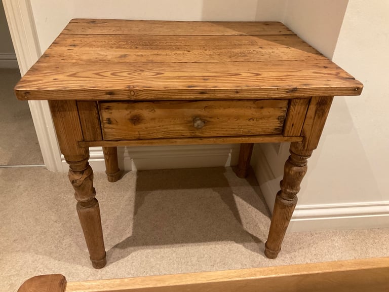 image for Antique Rustic Pine Side Table with Drawer